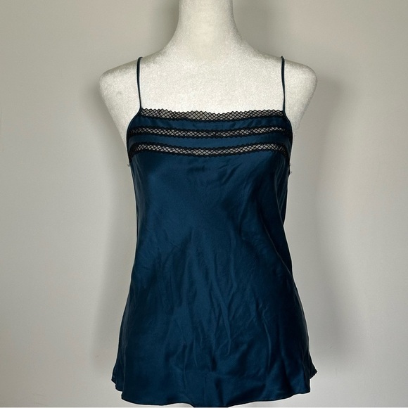 Josie Natori Navy 100% Silk Cami Top Black Lace Trim Adjustable Straps Size S - Picture 5 of 6